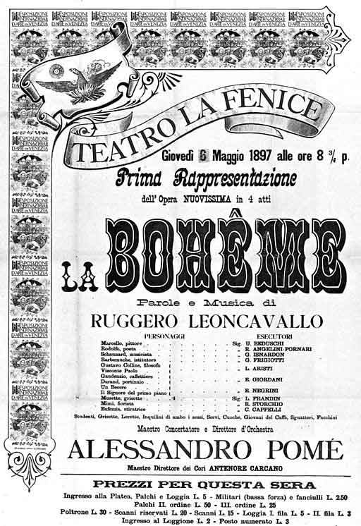 La Bohème by Leoncavallo - poster for the 1897 premiere
